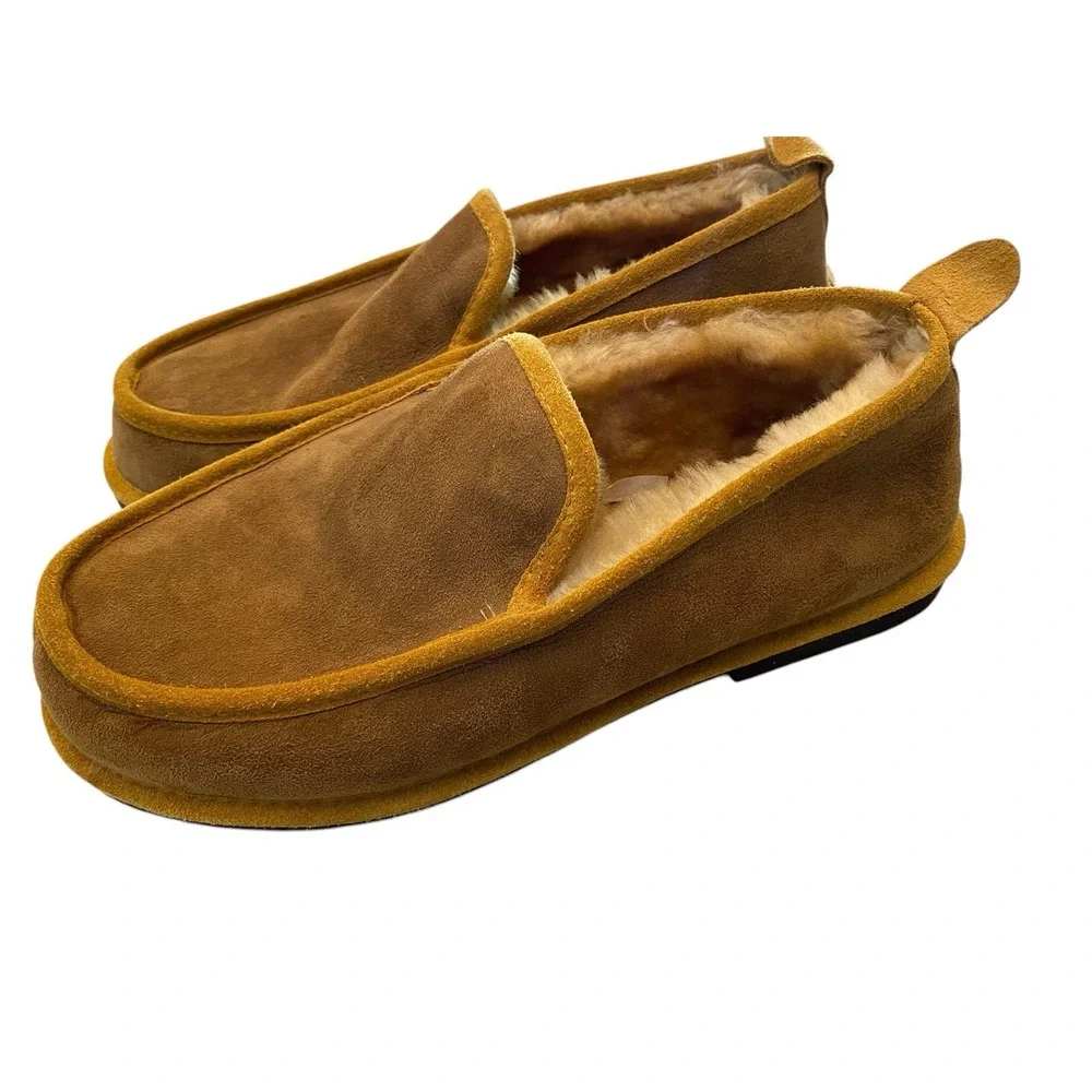 LL Bean Mens Wicked Good Slippers Size 10 M Brown Suede Genuine Shearling Lining
